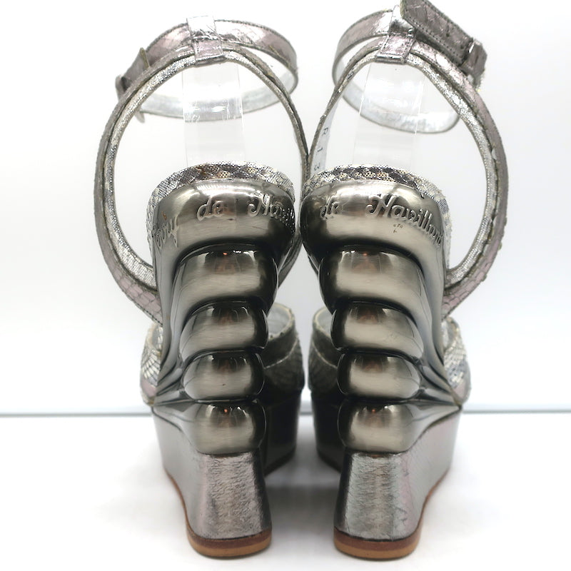Terry de Havilland Platform Wedge Sandals Silver Metallic Snakeskin Size 37