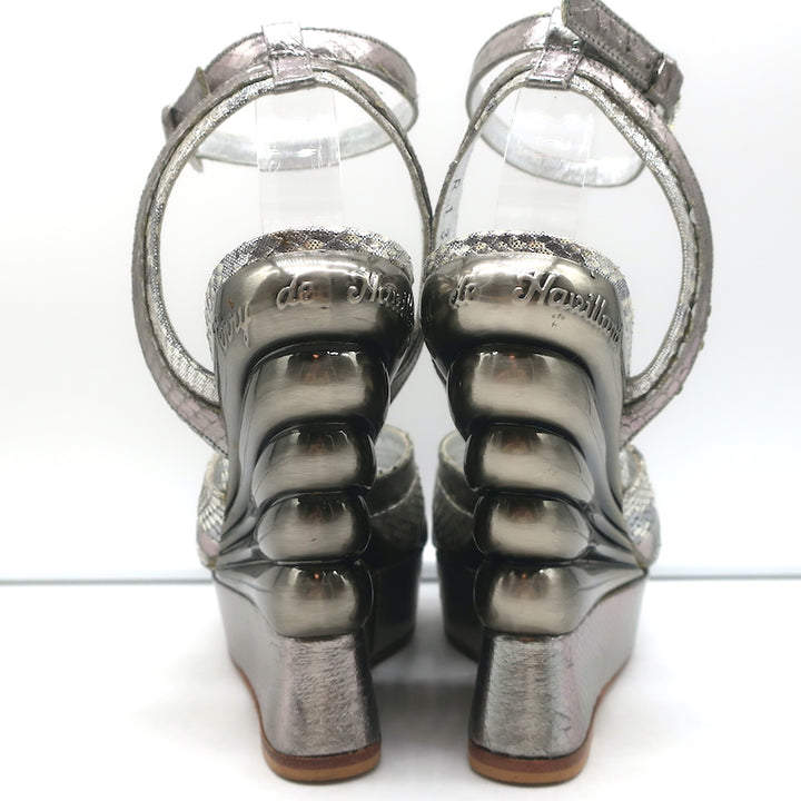 Terry de Havilland Platform Wedge Sandals Silver Metallic Snakeskin Size 37