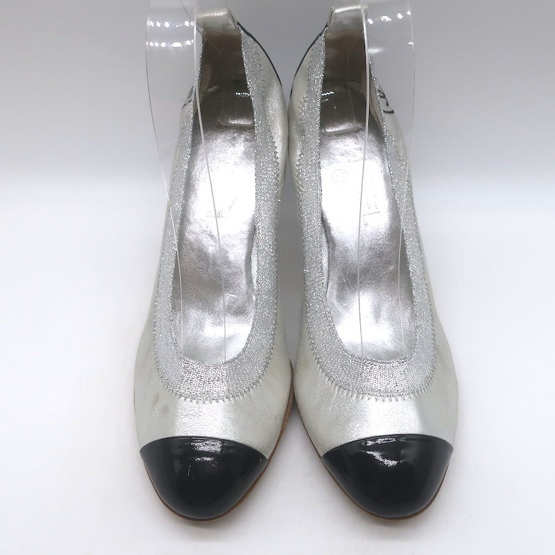 Chanel Cap Toe CC Ballet Pumps Black Patent &amp; Silver Metallic Leather Size 39