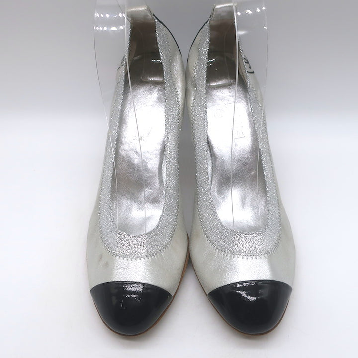 Chanel Cap Toe CC Ballet Pumps Black Patent &amp; Silver Metallic Leather Size 39