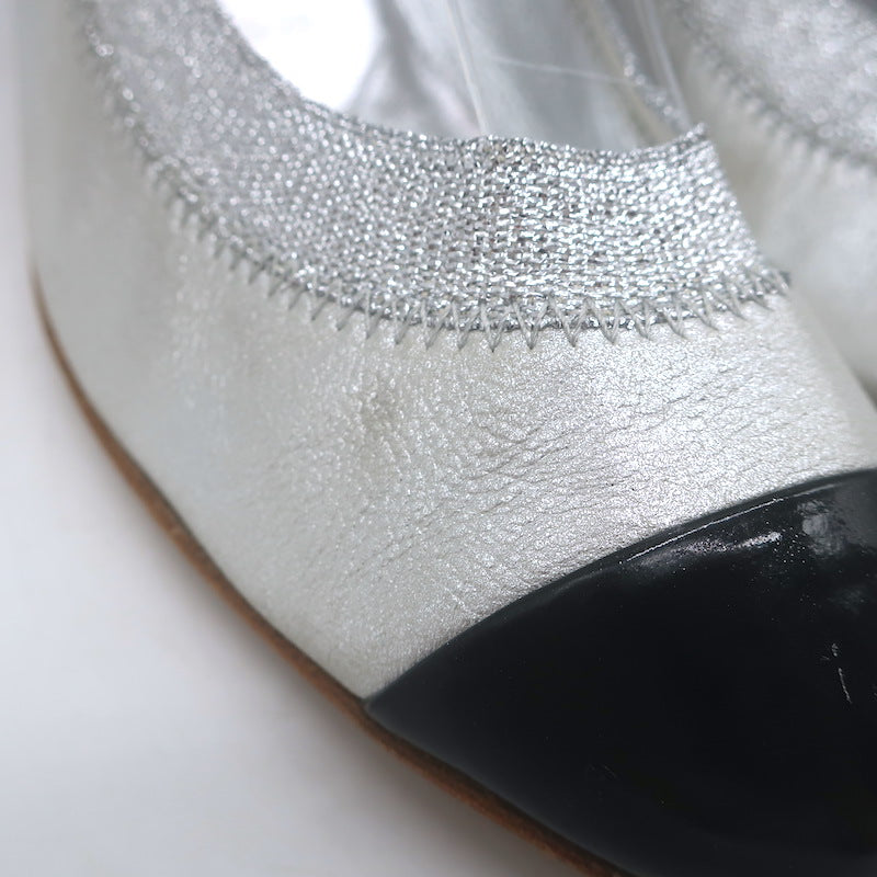 Chanel Cap Toe CC Ballet Pumps Black Patent &amp; Silver Metallic Leather Size 39