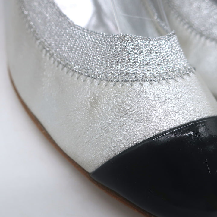 Chanel Cap Toe CC Ballet Pumps Black Patent &amp; Silver Metallic Leather Size 39