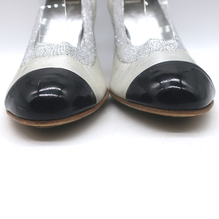 Chanel Cap Toe CC Ballet Pumps Black Patent &amp; Silver Metallic Leather Size 39