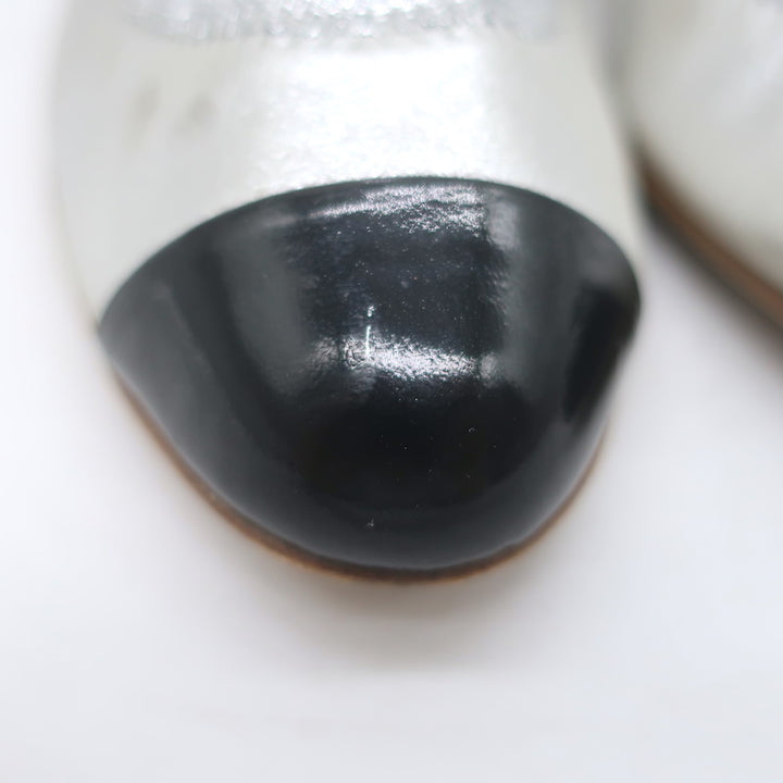 Chanel Cap Toe CC Ballet Pumps Black Patent &amp; Silver Metallic Leather Size 39