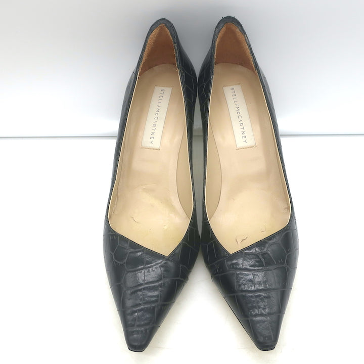 Stella McCartney Croc-Embossed Pointed Toe Pumps Black Faux Leather Size 38.5