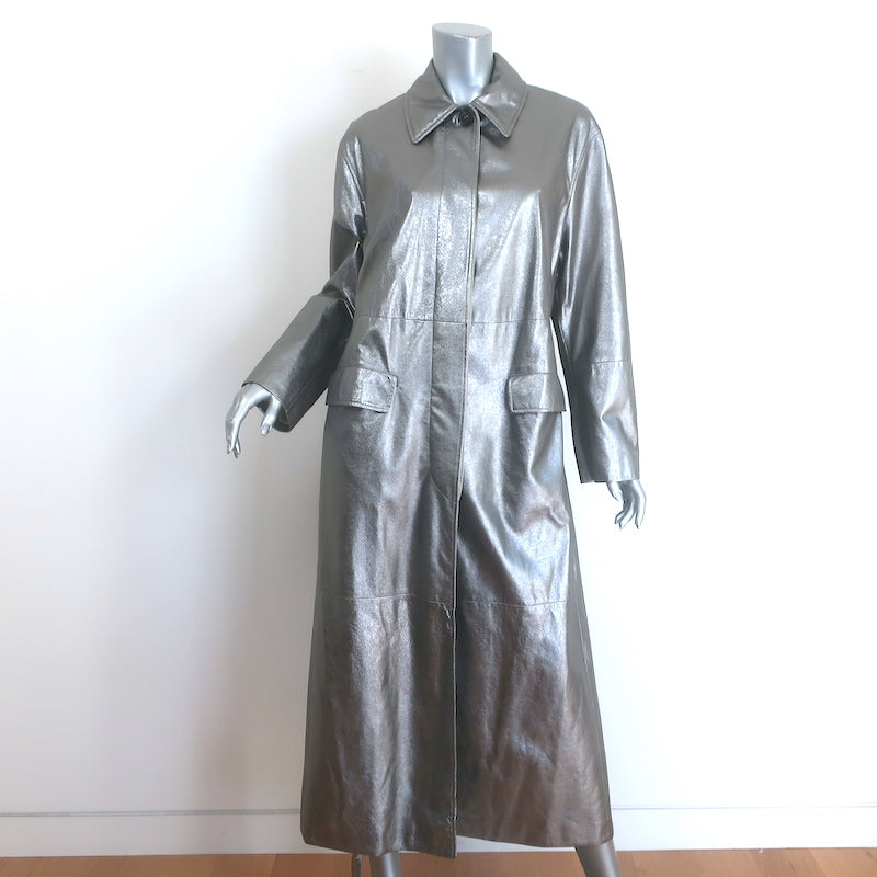 Brunello Cucinelli Metallic Leather Monili-Detail Trench Coat Silver Size 40