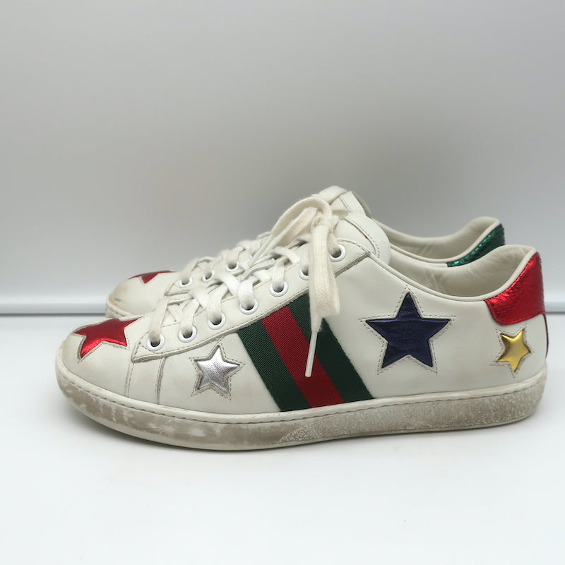 Gucci Ace Star Sneakers White & Metallic Leather Size 36.5