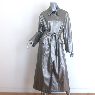 Brunello Cucinelli Metallic Leather Monili-Detail Trench Coat Silver Size 40