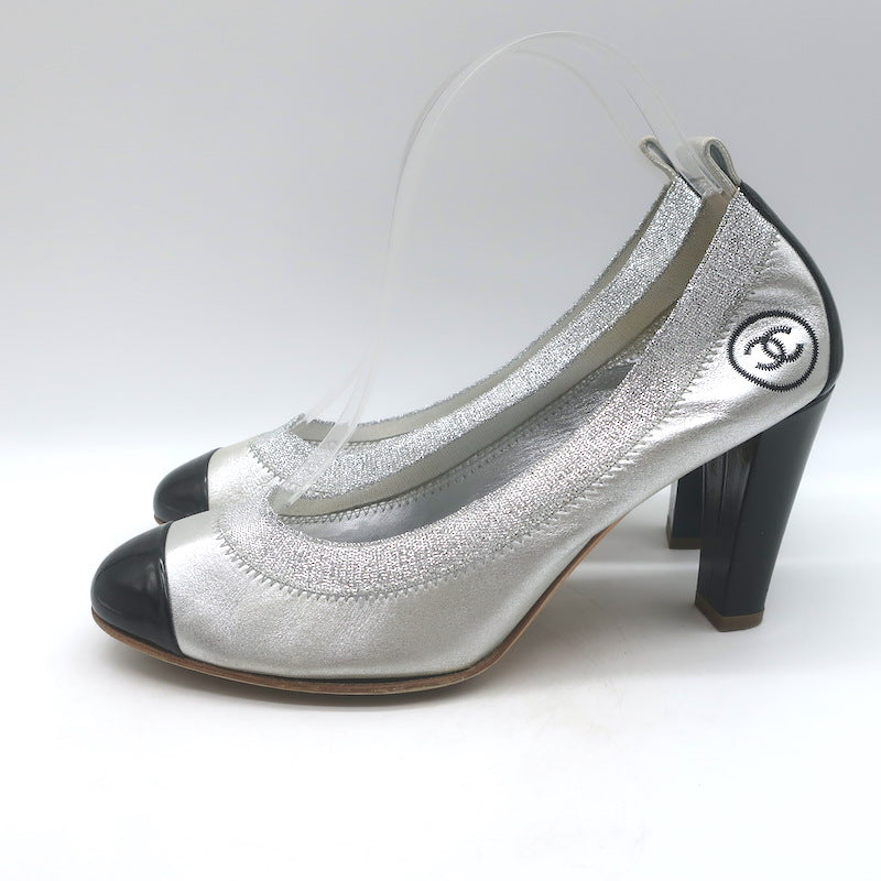 Chanel Cap Toe CC Ballet Pumps Black Patent &amp; Silver Metallic Leather Size 39