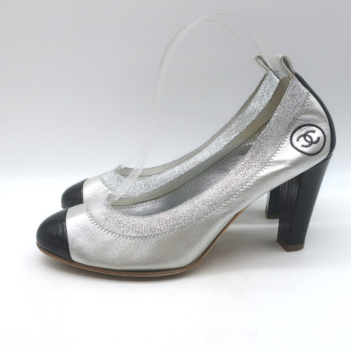 Chanel Cap Toe CC Ballet Pumps Black Patent &amp; Silver Metallic Leather Size 39