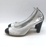 Chanel Cap Toe CC Ballet Pumps Black Patent & Silver Metallic Leather Size 39