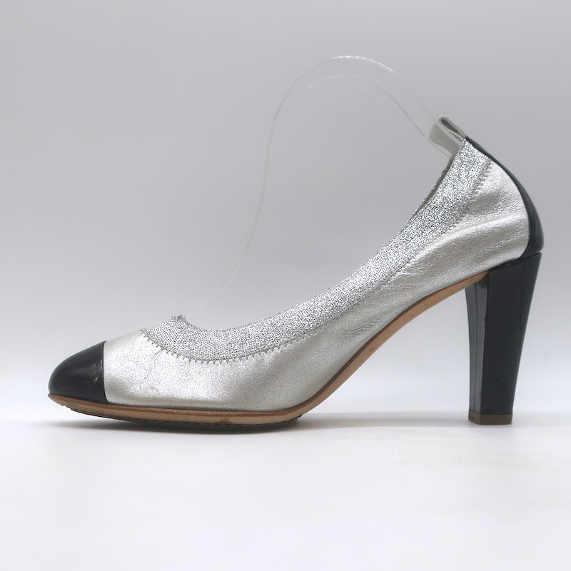 Chanel Cap Toe CC Ballet Pumps Black Patent &amp; Silver Metallic Leather Size 39