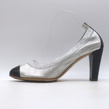 Chanel Cap Toe CC Ballet Pumps Black Patent & Silver Metallic Leather Size 39
