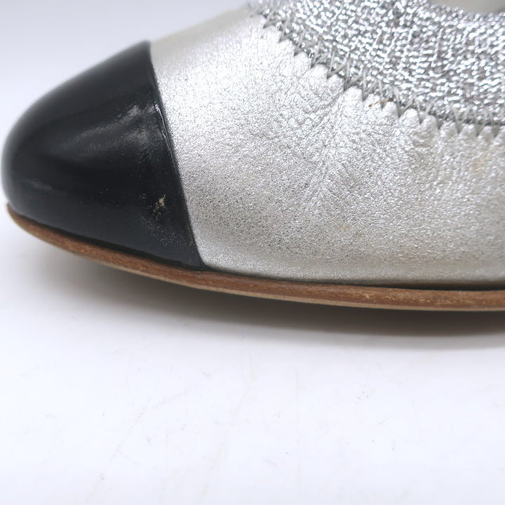 Chanel Cap Toe CC Ballet Pumps Black Patent &amp; Silver Metallic Leather Size 39