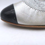 Chanel Cap Toe CC Ballet Pumps Black Patent & Silver Metallic Leather Size 39