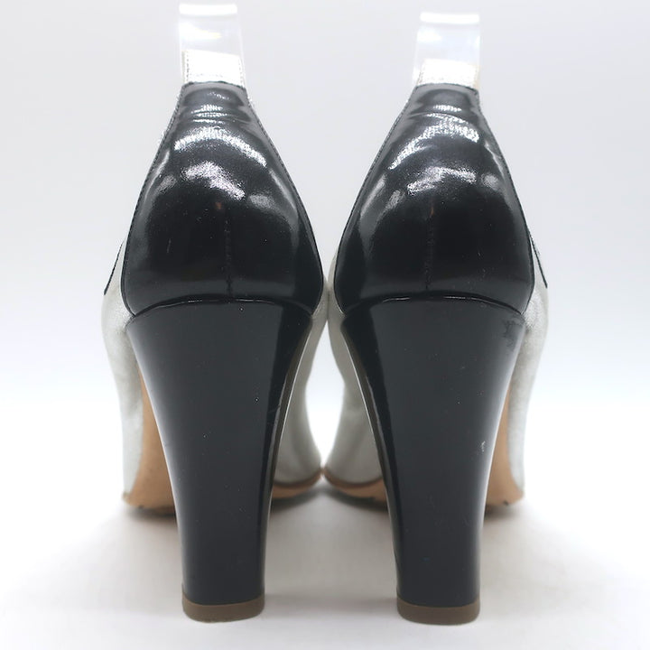 Chanel Cap Toe CC Ballet Pumps Black Patent &amp; Silver Metallic Leather Size 39