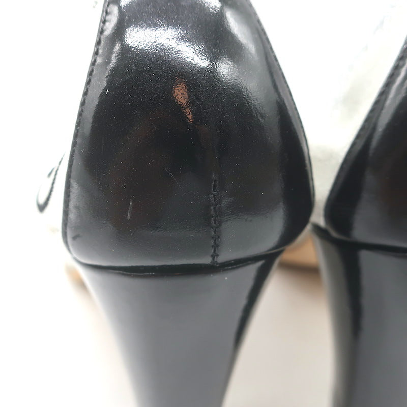 Chanel Cap Toe CC Ballet Pumps Black Patent &amp; Silver Metallic Leather Size 39