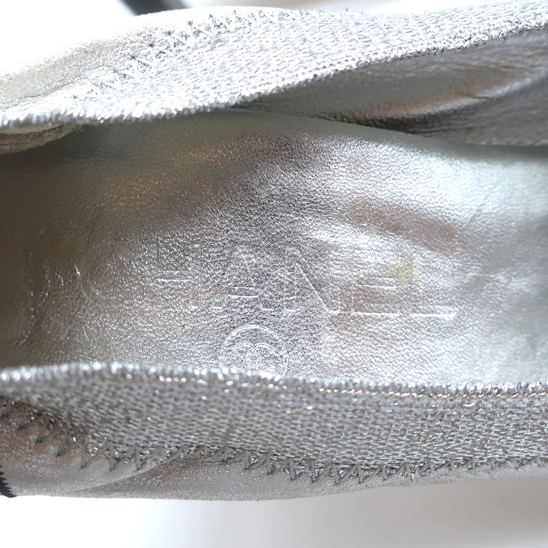 Chanel Cap Toe CC Ballet Pumps Black Patent &amp; Silver Metallic Leather Size 39