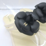 Chanel Jelly Camellia Thong Sandals Cream & Black Rubber Size 38 Flat Flip Flops