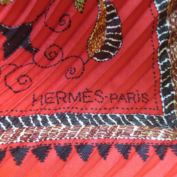 Hermes Carre Kantha Plisse Scarf Red Printed Silk Twill