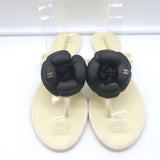 Chanel Jelly Camellia Thong Sandals Cream & Black Rubber Size 38 Flat Flip Flops