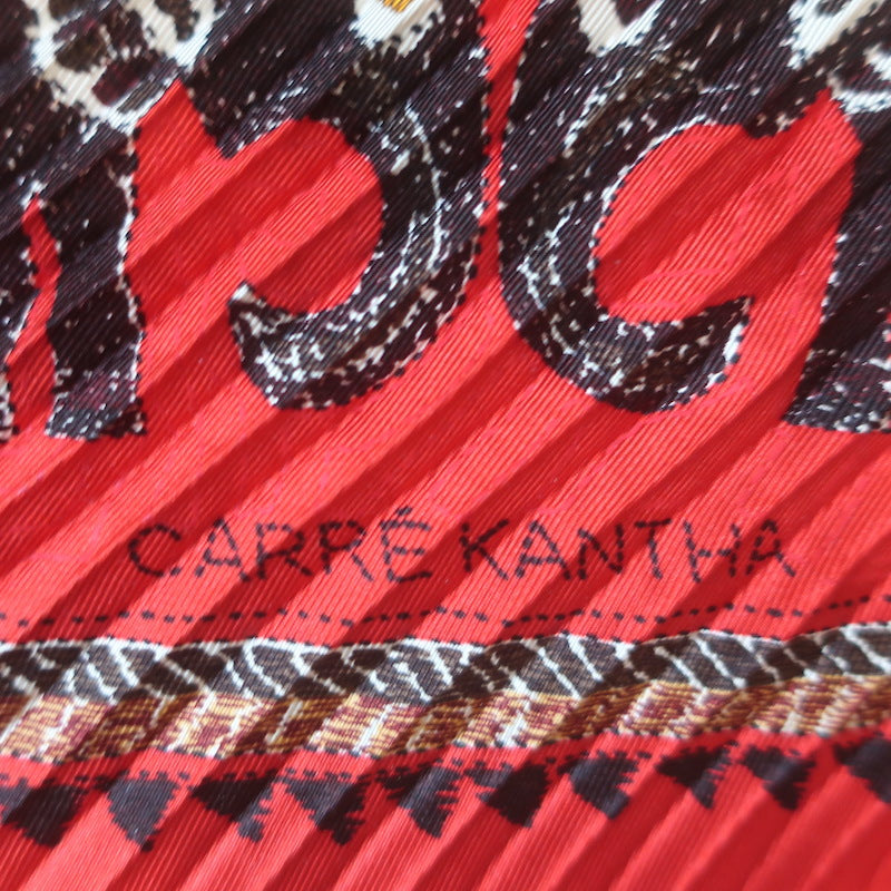 Hermes Carre Kantha Plisse Scarf Red Printed Silk Twill