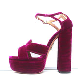 Aquazzura Ava Platform Sandals Magenta Ribbed Velvet Size 37 Ankle Strap Heels