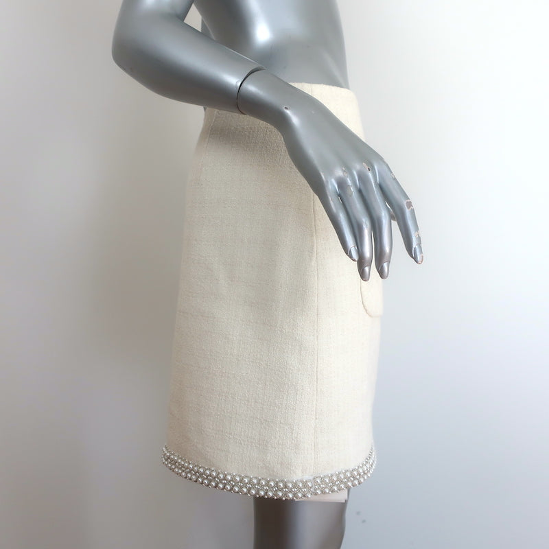 Sandro Vayie Faux Pearl-Trimmed Tweed Mini Skirt Ecru Cotton-Blend Size 42 NEW
