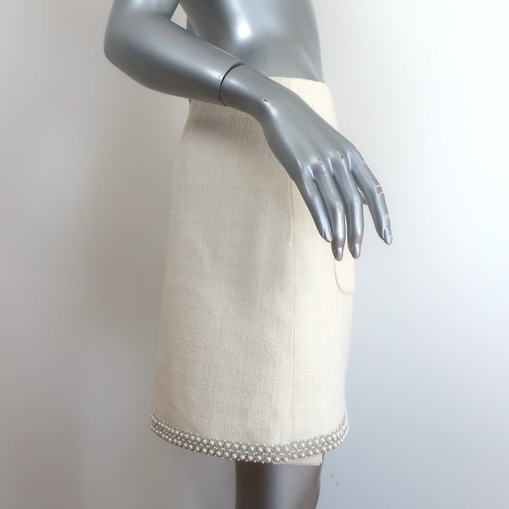 Sandro Vayie Faux Pearl-Trimmed Tweed Mini Skirt Ecru Cotton-Blend Size 42 NEW
