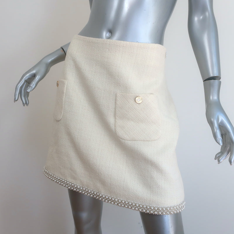 Sandro Vayie Faux Pearl-Trimmed Tweed Mini Skirt Ecru Cotton-Blend Size 42 NEW