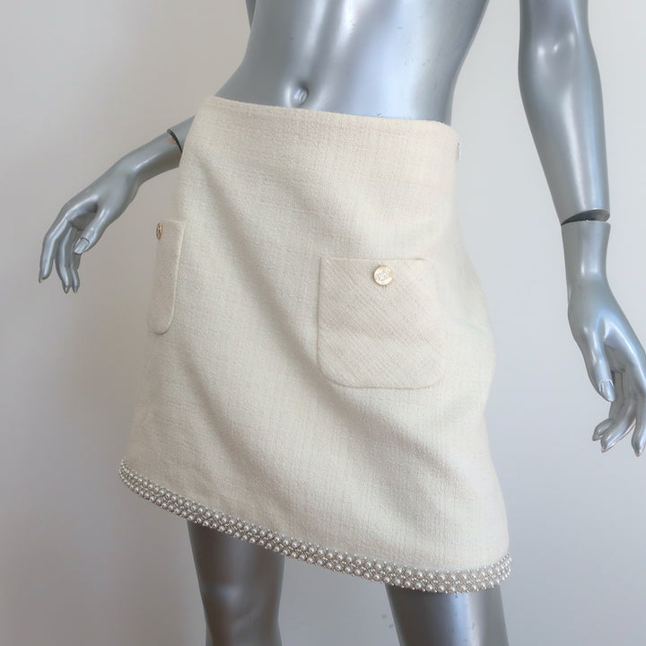 Sandro Vayie Faux Pearl-Trimmed Tweed Mini Skirt Ecru Cotton-Blend Size 42 NEW