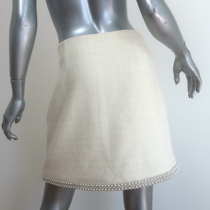Sandro Vayie Faux Pearl-Trimmed Tweed Mini Skirt Ecru Cotton-Blend Size 42 NEW
