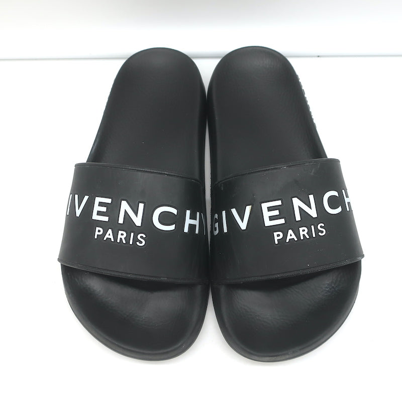 Givenchy Logo Pool Slides Black Rubber Size 36 Flat Sandals