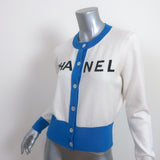 Chanel 19S Cashmere Logo Cardigan Cream/Blue Size 40 Crewneck Sweater