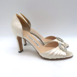 Manolo Blahnik Sedaraby Crystal-Buckle d'Orsay Pumps Ivory Satin Size 38.5