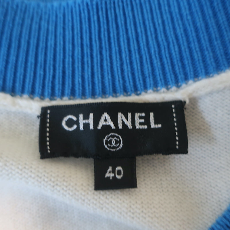 Chanel 19S Cashmere Logo Cardigan Cream/Blue Size 40 Crewneck Sweater