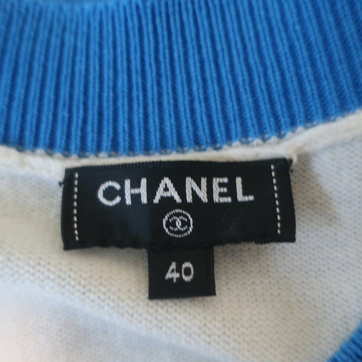 Chanel 19S Cashmere Logo Cardigan Cream/Blue Size 40 Crewneck Sweater
