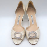 Manolo Blahnik Sedaraby Crystal-Buckle d'Orsay Pumps Ivory Satin Size 38.5