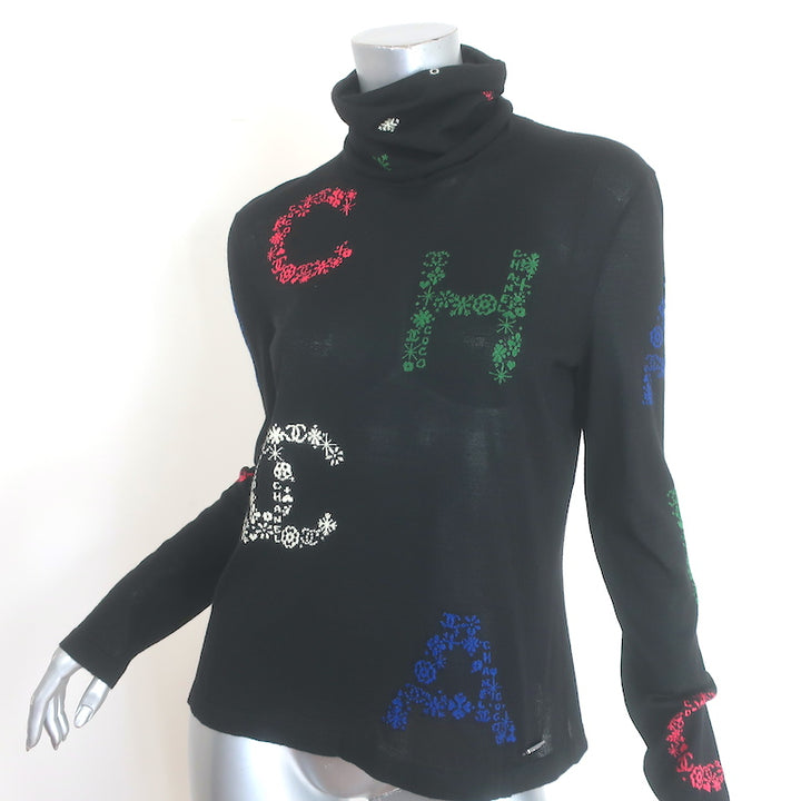 Chanel 2021 Coco Mark Turtleneck Sweater Black Cashmere-Silk Size 42