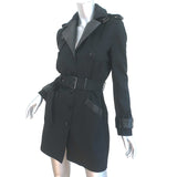 The Kooples Trench Coat Black Leather-Trim Cotton Size 36 Belted Jacket