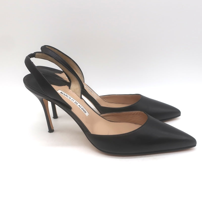 Manolo Blahnik Carolyne 90 Slingback Pumps Black Leather Size 41