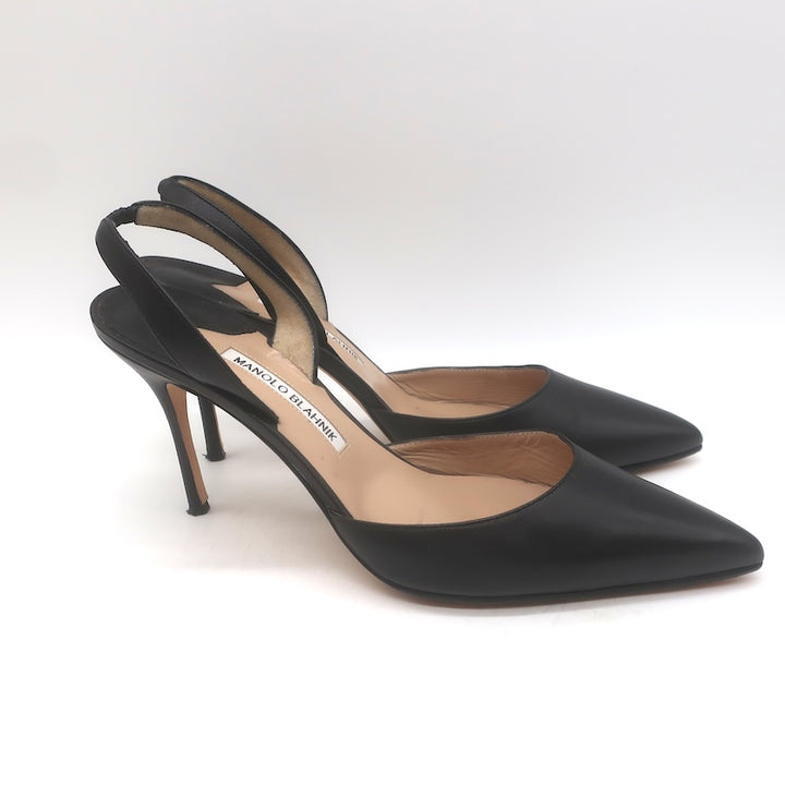 Manolo Blahnik Carolyne 90 Slingback Pumps Black Leather Size 41