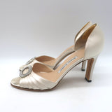 Manolo Blahnik Sedaraby Crystal-Buckle d'Orsay Pumps Ivory Satin Size 38.5