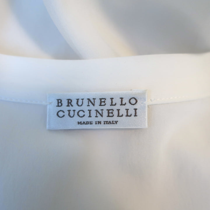 Brunello Cucinelli Monili Epaulette Blouse White Silk Chiffon Size Medium