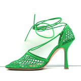Bottega Veneta Stretch Ankle Tie Sandals Green Mesh & Leather Size 37
