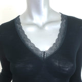 Hanro Woolen Lace V-Neck Top Fine Ribbed Wool-Silk Black Size Small NEW