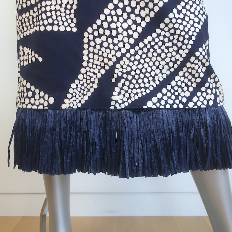 Johanna Ortiz Midnight Rituals Raffia-Fringe Midi Dress Navy Cotton Size 8