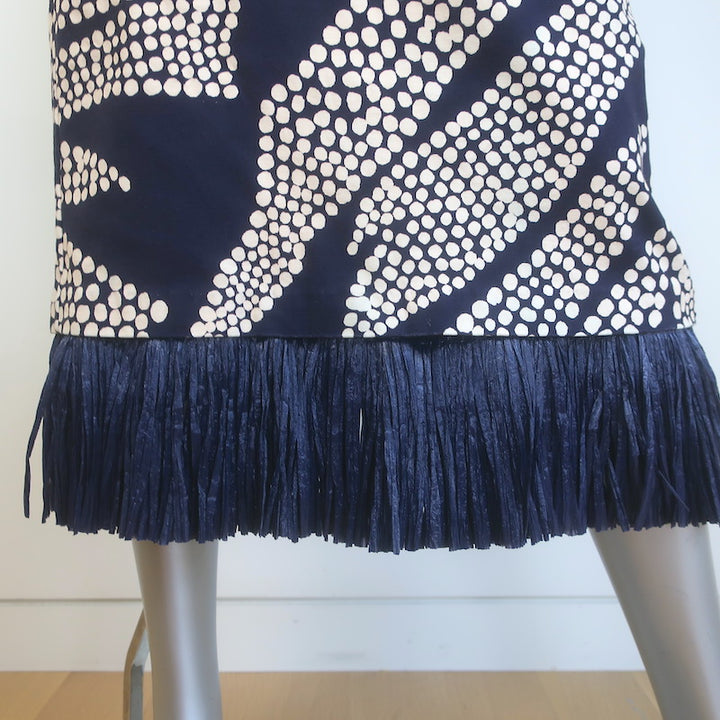 Johanna Ortiz Midnight Rituals Raffia-Fringe Midi Dress Navy Cotton Size 8