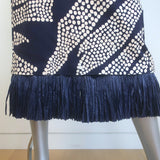 Johanna Ortiz Midnight Rituals Raffia-Fringe Midi Dress Navy Cotton Size 8