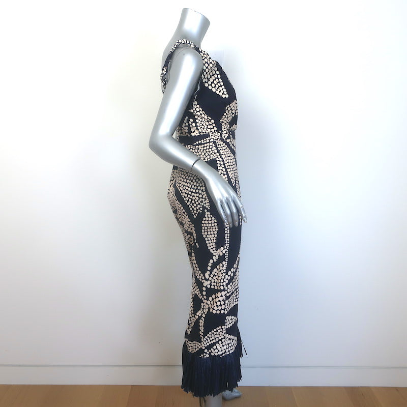 Johanna Ortiz Midnight Rituals Raffia-Fringe Midi Dress Navy Cotton Size 8